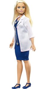 barbie doctor doll, curvy, dressed in white coat with stethoscope and blonde hair, gift for 3 to 7 year olds
