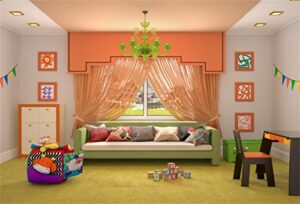 csfoto polyester 7x5ft kids room backdrop crystal chandeliers orange curtain sofa desk block word cosy video backdrops background home office decor backdrops for video recording