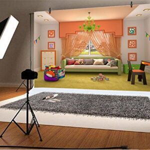 CSFOTO Polyester 7x5ft Kids Room Backdrop Crystal Chandeliers Orange Curtain Sofa Desk Block Word Cosy Video Backdrops Background Home Office Decor Backdrops for Video Recording