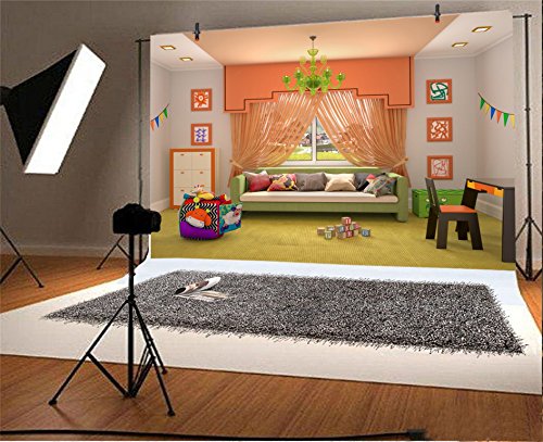 CSFOTO Polyester 7x5ft Kids Room Backdrop Crystal Chandeliers Orange Curtain Sofa Desk Block Word Cosy Video Backdrops Background Home Office Decor Backdrops for Video Recording