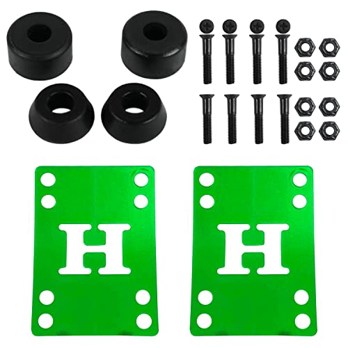 Dime Bag Skateboard Bushings (for 2 Trucks) + Green Riser Pads and 1" Phillips Hardware (98A Black)