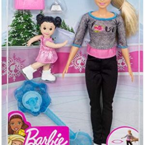 Barbie Ice-Skating Dolls & Playset with Blonde Coach Barbie Doll, Brunette Small Doll and Ice-Skating Base with Turning Mechanism, Gift for 3 to 7 Year Olds