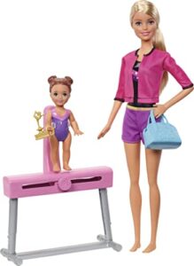 barbie gymnastics coach dolls & playset with coach doll, student small doll & balance beam with clip & sliding mechanism