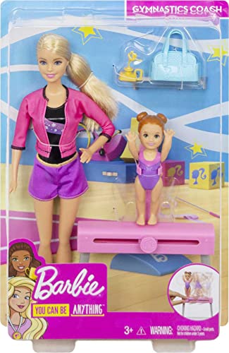 Barbie Gymnastics Coach Dolls & Playset with Coach Doll, Student Small Doll & Balance Beam with Clip & Sliding Mechanism