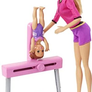 Barbie Gymnastics Coach Dolls & Playset with Coach Doll, Student Small Doll & Balance Beam with Clip & Sliding Mechanism