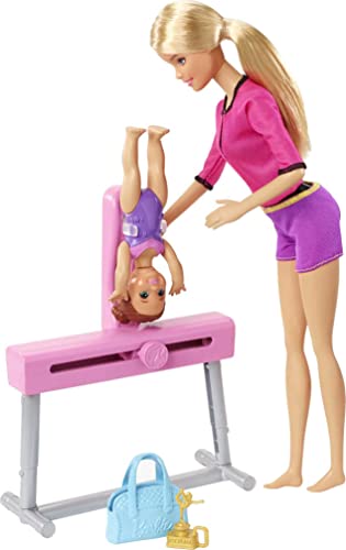 Barbie Gymnastics Coach Dolls & Playset with Coach Doll, Student Small Doll & Balance Beam with Clip & Sliding Mechanism