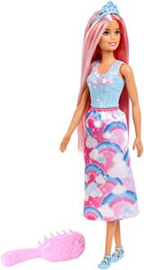​barbie dreamtopia, rainbow princess doll with extra-long pink hair, plus hairbrush, for 3 to 7 year olds
