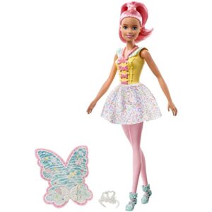 barbie dreamtopia fairy doll, approx 12-inch, with a colorful candy theme, pink hair and wings, for 3 to 7 year olds