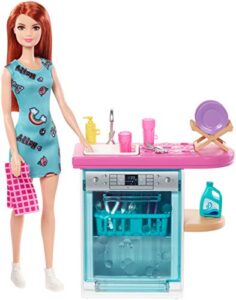 barbie indoor furniture playset, kitchen dishwasher with working door and pull-out tray, plus dishes and washing accessories