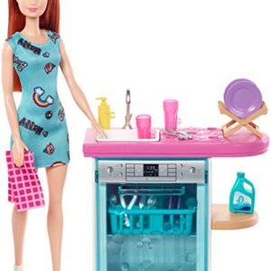 Barbie Indoor Furniture Playset, Kitchen Dishwasher with Working Door and Pull-Out Tray, Plus Dishes and Washing Accessories