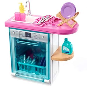 Barbie Indoor Furniture Playset, Kitchen Dishwasher with Working Door and Pull-Out Tray, Plus Dishes and Washing Accessories