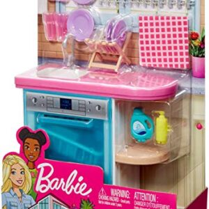 Barbie Indoor Furniture Playset, Kitchen Dishwasher with Working Door and Pull-Out Tray, Plus Dishes and Washing Accessories