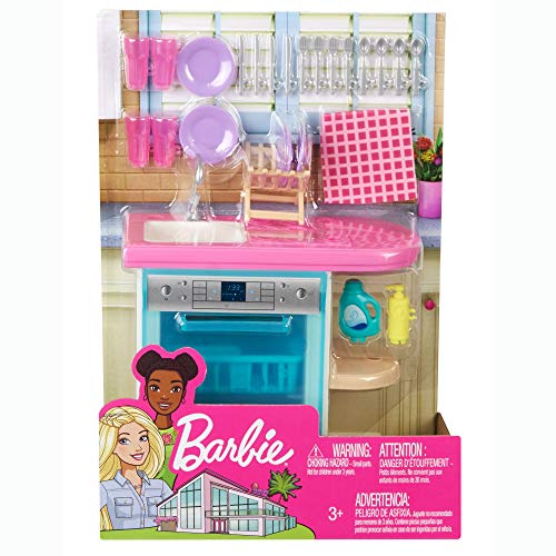 Barbie Indoor Furniture Playset, Kitchen Dishwasher with Working Door and Pull-Out Tray, Plus Dishes and Washing Accessories