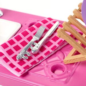 Barbie Indoor Furniture Playset, Kitchen Dishwasher with Working Door and Pull-Out Tray, Plus Dishes and Washing Accessories