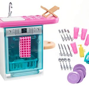 Barbie Indoor Furniture Playset, Kitchen Dishwasher with Working Door and Pull-Out Tray, Plus Dishes and Washing Accessories