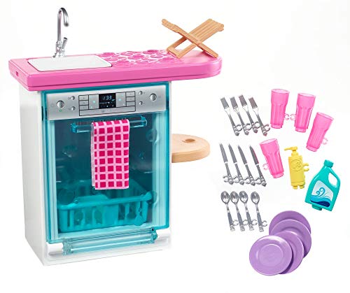 Barbie Indoor Furniture Playset, Kitchen Dishwasher with Working Door and Pull-Out Tray, Plus Dishes and Washing Accessories