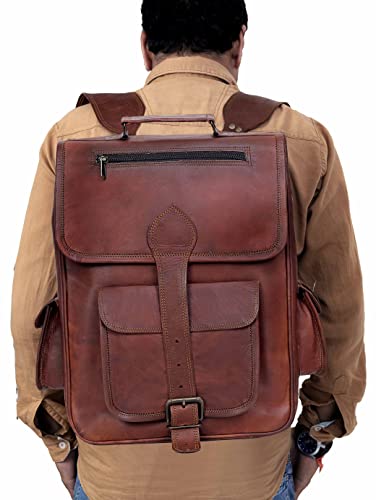 C CUERO 16 Inch Genuine Leather Laptop Backpack Retro Rucksack Backpack Bag Travel Daypack Camping Knapsack