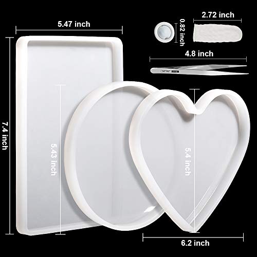 3 Pcs Large Resin Mold, LEOBRO Flexible Silicone Molds, Include Round, Rectangle, Heart Shaped Coaster Mold, Decorative Mold, Come with 20 Pcs Finger Cots, 1Pcs Tweezers