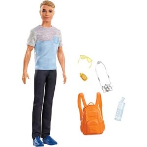 barbie ken doll & 5 travel-themed accessories, includes backpack that opens & closes, fashion doll with dark brown hair