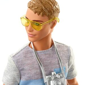 Barbie Ken Doll & 5 Travel-Themed Accessories, Includes Backpack that Opens & Closes, Fashion Doll with Dark Brown Hair