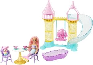 barbie dreamtopia mermaid playground playset, with chelsea mermaid doll, merbear friend figure and sand castle set with swing, slide, pool and tea party, gift for 3 to 7 year olds