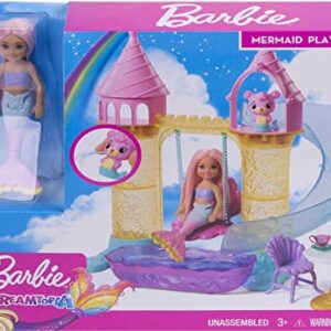 Barbie Dreamtopia Mermaid Playground Playset, with Chelsea Mermaid Doll, Merbear Friend Figure and Sand Castle Set with Swing, Slide, Pool and Tea Party, Gift for 3 to 7 Year Olds
