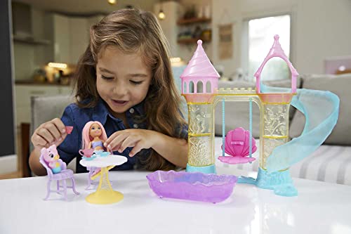 Barbie Dreamtopia Mermaid Playground Playset, with Chelsea Mermaid Doll, Merbear Friend Figure and Sand Castle Set with Swing, Slide, Pool and Tea Party, Gift for 3 to 7 Year Olds