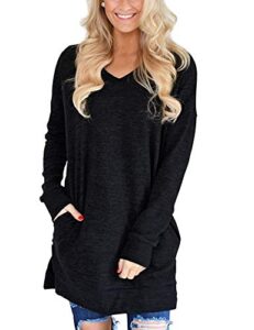 lerucci womens casual long sleeves solid v-neck tunics sweatshirt with pockets black large