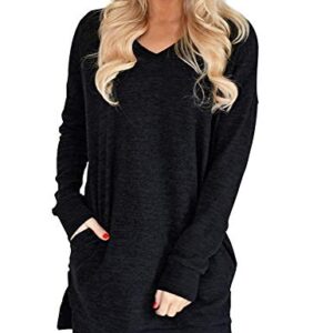 LERUCCI Womens Casual Long Sleeves Solid V-Neck Tunics Sweatshirt with Pockets Black Large