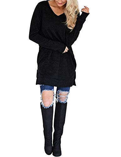 LERUCCI Womens Casual Long Sleeves Solid V-Neck Tunics Sweatshirt with Pockets Black Large