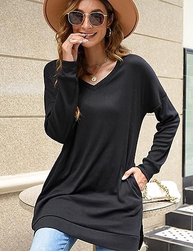 LERUCCI Womens Casual Long Sleeves Solid V-Neck Tunics Sweatshirt with Pockets Black Large