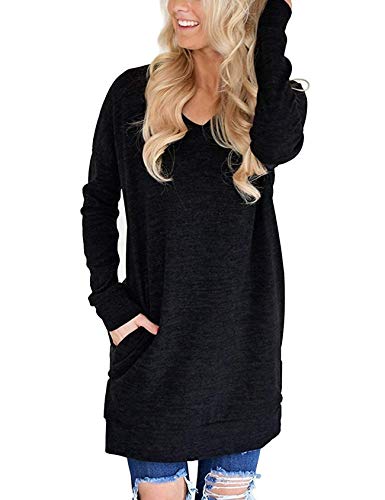 LERUCCI Womens Casual Long Sleeves Solid V-Neck Tunics Sweatshirt with Pockets Black Large