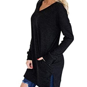 LERUCCI Womens Casual Long Sleeves Solid V-Neck Tunics Sweatshirt with Pockets Black Large