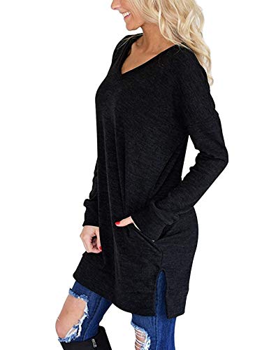 LERUCCI Womens Casual Long Sleeves Solid V-Neck Tunics Sweatshirt with Pockets Black Large