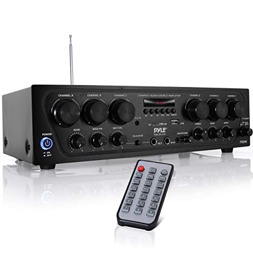 Pyle Bluetooth Home Audio Amplifier System-Upgraded 6 Channel 750 Watt Wireless Home Audio Sound Power Stereo Receiver w/USB, Micro SD, Headphone,2 Microphone Input w/Echo, Talkover for PA - PTA62BT.5