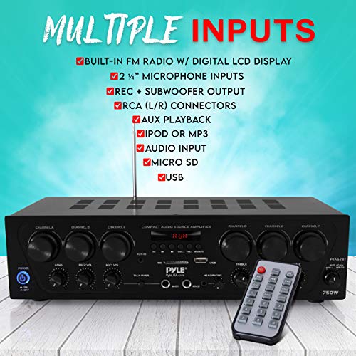 Pyle Bluetooth Home Audio Amplifier System-Upgraded 6 Channel 750 Watt Wireless Home Audio Sound Power Stereo Receiver w/USB, Micro SD, Headphone,2 Microphone Input w/Echo, Talkover for PA - PTA62BT.5