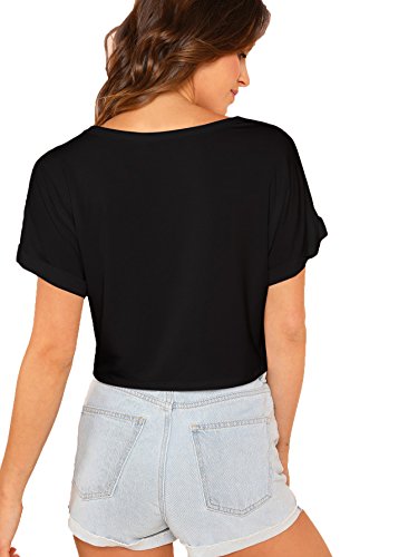 SweatyRocks Women's Casual Round Neck Short Sleeve Soild Basic Crop Top T-Shirt Black X-Small