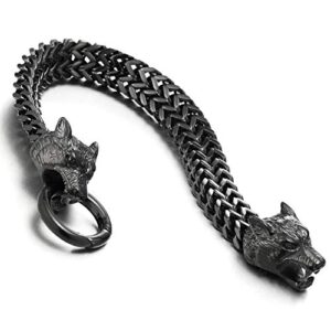 COOLSTEELANDBEYOND Mens Black Wolf Head Steel Franco Link Curb Chain Bracelet with Spring Ring Clasp 8.86 Inch