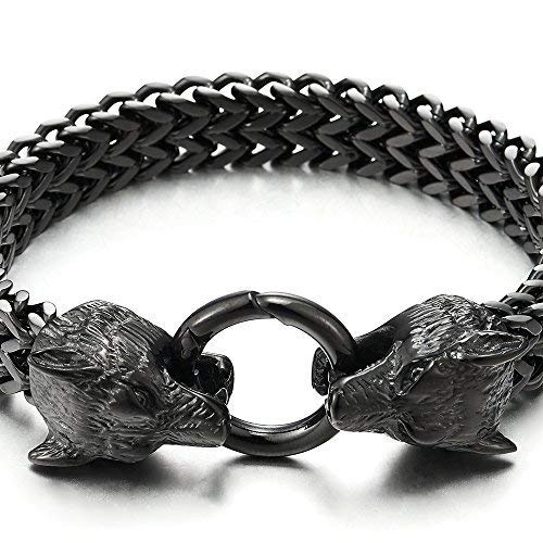 COOLSTEELANDBEYOND Mens Black Wolf Head Steel Franco Link Curb Chain Bracelet with Spring Ring Clasp 8.86 Inch