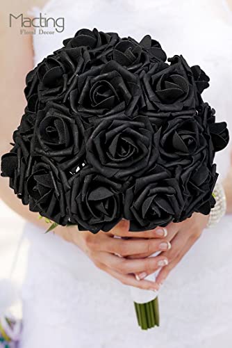 MACTING Black Roses Artificial Flowers, 30pcs Real Touch Fake Foam Roses for DIY Bouquets Wedding Party Baby Shower Home Decoration (Black)