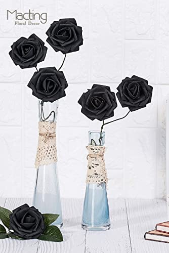 MACTING Black Roses Artificial Flowers, 30pcs Real Touch Fake Foam Roses for DIY Bouquets Wedding Party Baby Shower Home Decoration (Black)