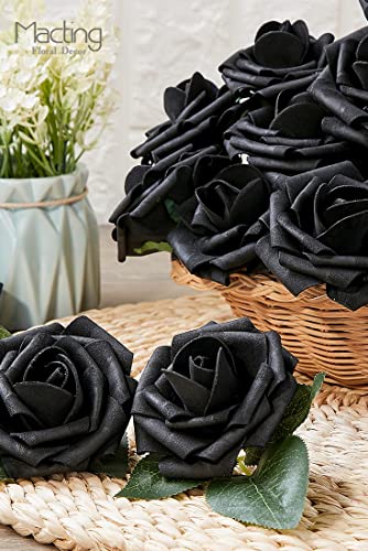 MACTING Black Roses Artificial Flowers, 30pcs Real Touch Fake Foam Roses for DIY Bouquets Wedding Party Baby Shower Home Decoration (Black)