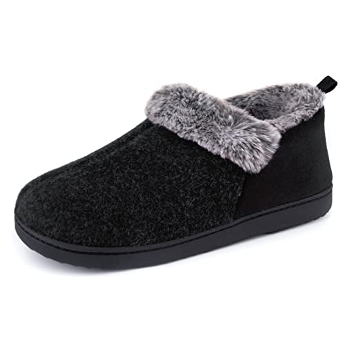 ULTRAIDEAS Women's Cozy Memory Foam Slippers with Warm Plush Faux Fur Lining, Wool-Like Blend Micro Suede House Shoes with Indoor Outdoor Rubber Sole (Black, Size 8)