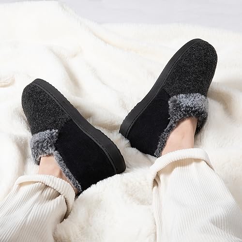 ULTRAIDEAS Women's Cozy Memory Foam Slippers with Warm Plush Faux Fur Lining, Wool-Like Blend Micro Suede House Shoes with Indoor Outdoor Rubber Sole (Black, Size 8)