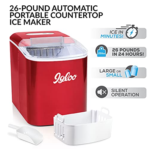 Igloo ICEB26RR Automatic Portable Electric Countertop Ice Maker Machine, 26 Pounds in 24 Hours, 9 Ice Cubes Ready in 7 minutes, With Ice Scoop and Basket, Perfect for Water Bottles, Mixed Drinks