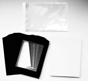 studio 500 pack of 25 black pre-cut picture mat 5x7 inches for 4x6 photo white core bevel cut mattes sets + backing board + clear plastic bags (pack of 25 black 5x7 complete set)