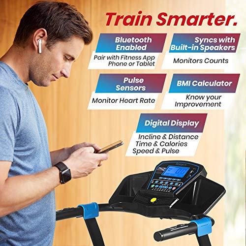 SereneLife Smart Digital Manual Incline Treadmill - Slim Folding Electric 2.5 HP Indoor Home Foldable Fitness Exercise Running Machine with Downloadable App, MP3 Player, Safety Key -SLFTRD25