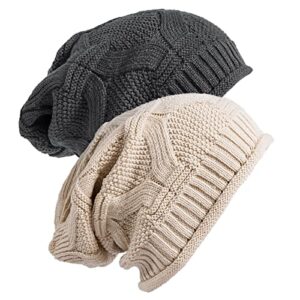 Senker Fashion 2 Pack Womens Slouchy Beanie Winter Knit Soft Hat for Women and Men, A-Beige&Dark Grey