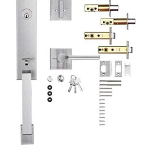 TOGU HS28L Front Door Handleset with Lever Handle in Satin Nickel,Contemporary Entry Door Lockset for Home Exterior Doors