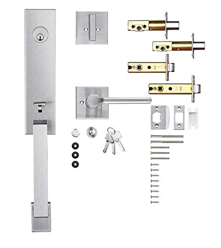 TOGU HS28L Front Door Handleset with Lever Handle in Satin Nickel,Contemporary Entry Door Lockset for Home Exterior Doors
